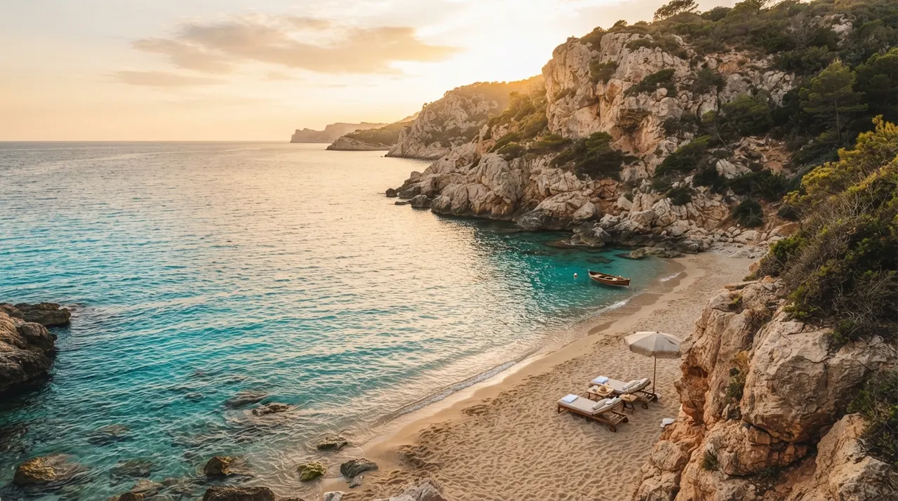 Una cala de aguas turquesa al atardecer con dos tumbonas en la arena