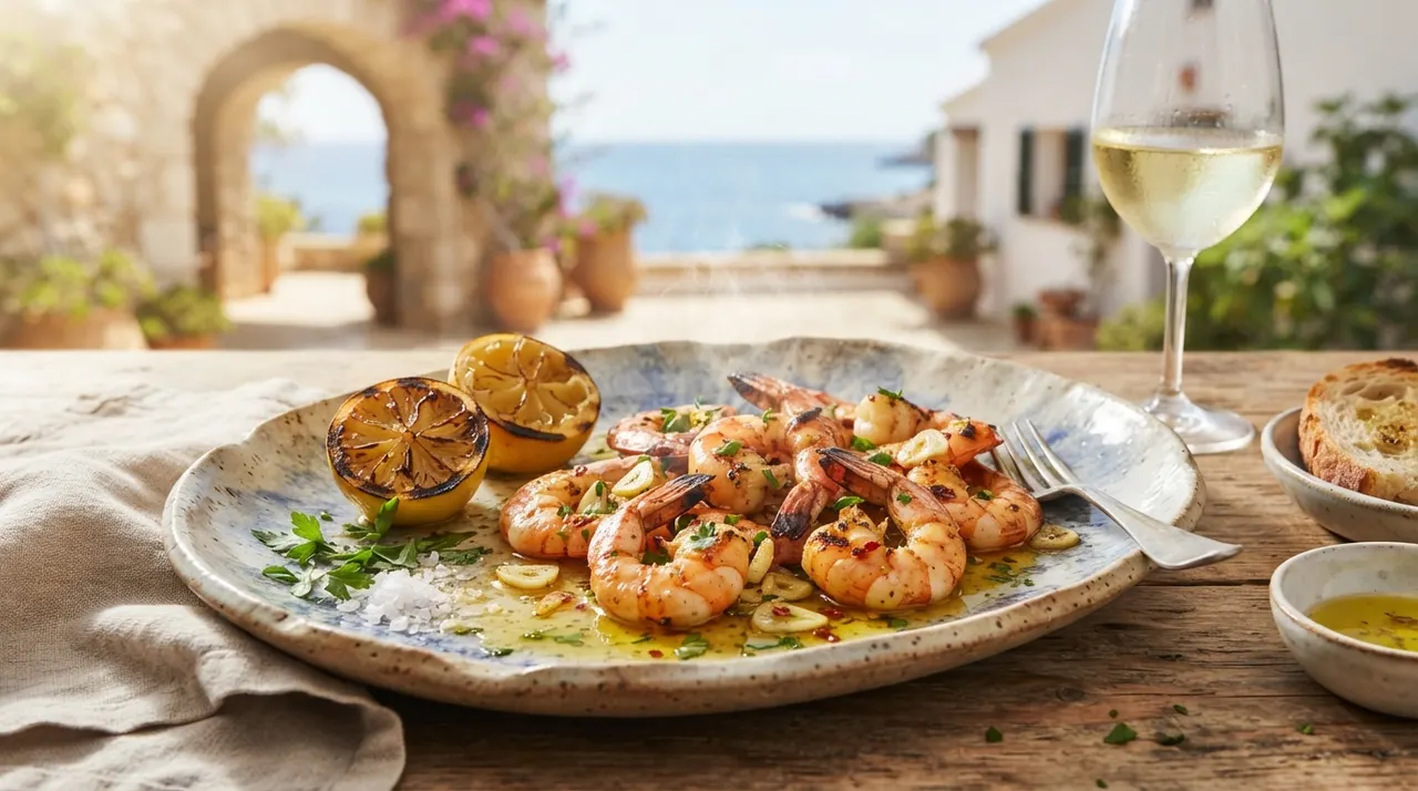 Un plato de gambas con limón, un arco de piedra y el mar al fondo