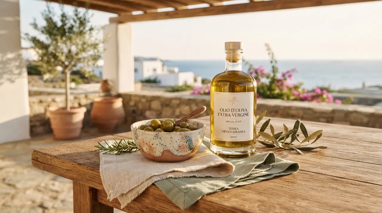 Aceite de oliva y aceitunas sobre una mesa de madera, en una terraza con vistas al mar